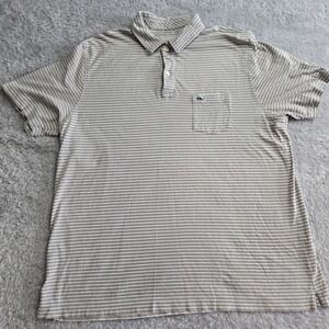 Vineyard Vines Mens Large Polo Shirt Grey White Striped Short Sleeve Pocket